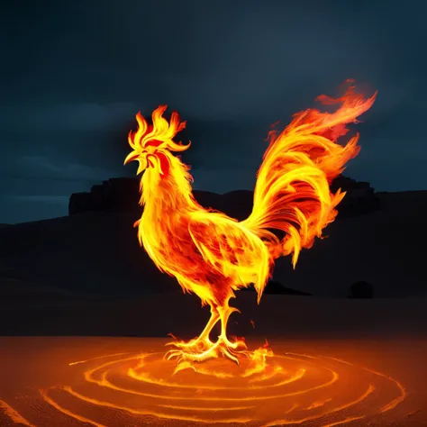 a (firecd, fire, flame, burning) rooster, standing on sand, (solo:1.2), <lora:firecd-000028:0.8>, no humans, high quality, masterpiece, realistic, photorealistic, (outdoors, desert)