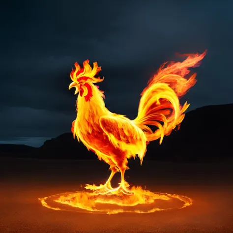 a (firecd, fire, flame, burning) rooster, standing on sand, (solo:1.2), <lora:firecd-000029:0.7>, no humans, high quality, masterpiece, realistic, photorealistic, (outdoors, desert)