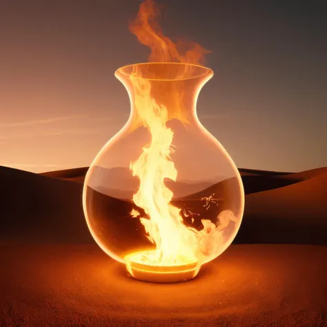 a (firecd, fire, flame, burning) vase, flower inserted into the vase, on sand, (solo:1.2), <lora:firecd-000028:0.6>, no humans, high quality, masterpiece, realistic, photorealistic, (outdoors, desert)