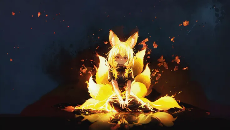 detailed background, superb, multicolored, 1girl, (fennec ears:1.2), (multiple tails:1.2), long fluffy tails, absurdly long hair, darkness, vibrant colors, dark background, beautiful 8k wallpaper, sitting, BREAK firecd, fire, flame, burning <lora:firecd-000028:0.8>