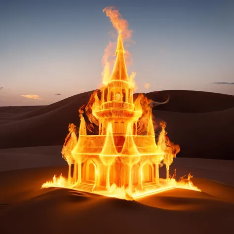 a (firecd, fire, flame, burning) villa, building model, on sand, (solo:1.2), <lora:firecd-000028:0.7>, no humans, high quality, masterpiece, realistic, photorealistic, (outdoors, desert)