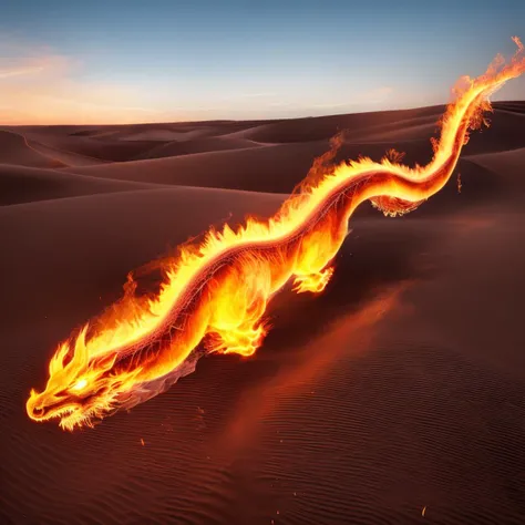 a (firecd, fire, flame, burning) chinese dragon, east dragon, flying on sand, (solo:1.2), <lora:firecd-000028:0.7>, no humans, high quality, masterpiece, realistic, photorealistic, (outdoors, desert)