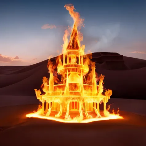 a (firecd, fire, flame, burning) villa, building model, on sand, (solo:1.2), <lora:firecd-000029:0.9>, no humans, high quality, masterpiece, realistic, photorealistic, (outdoors, desert)