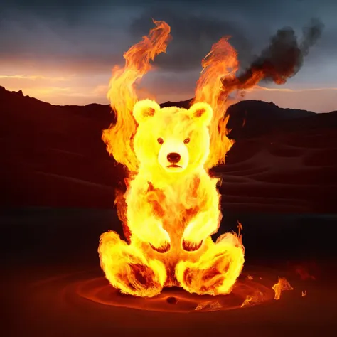 a (firecd, fire, flame, burning) bear, sitting on sand, (solo:1.2), <lora:firecd-000029:0.9>, no humans, high quality, masterpiece, realistic, photorealistic, (outdoors, desert)