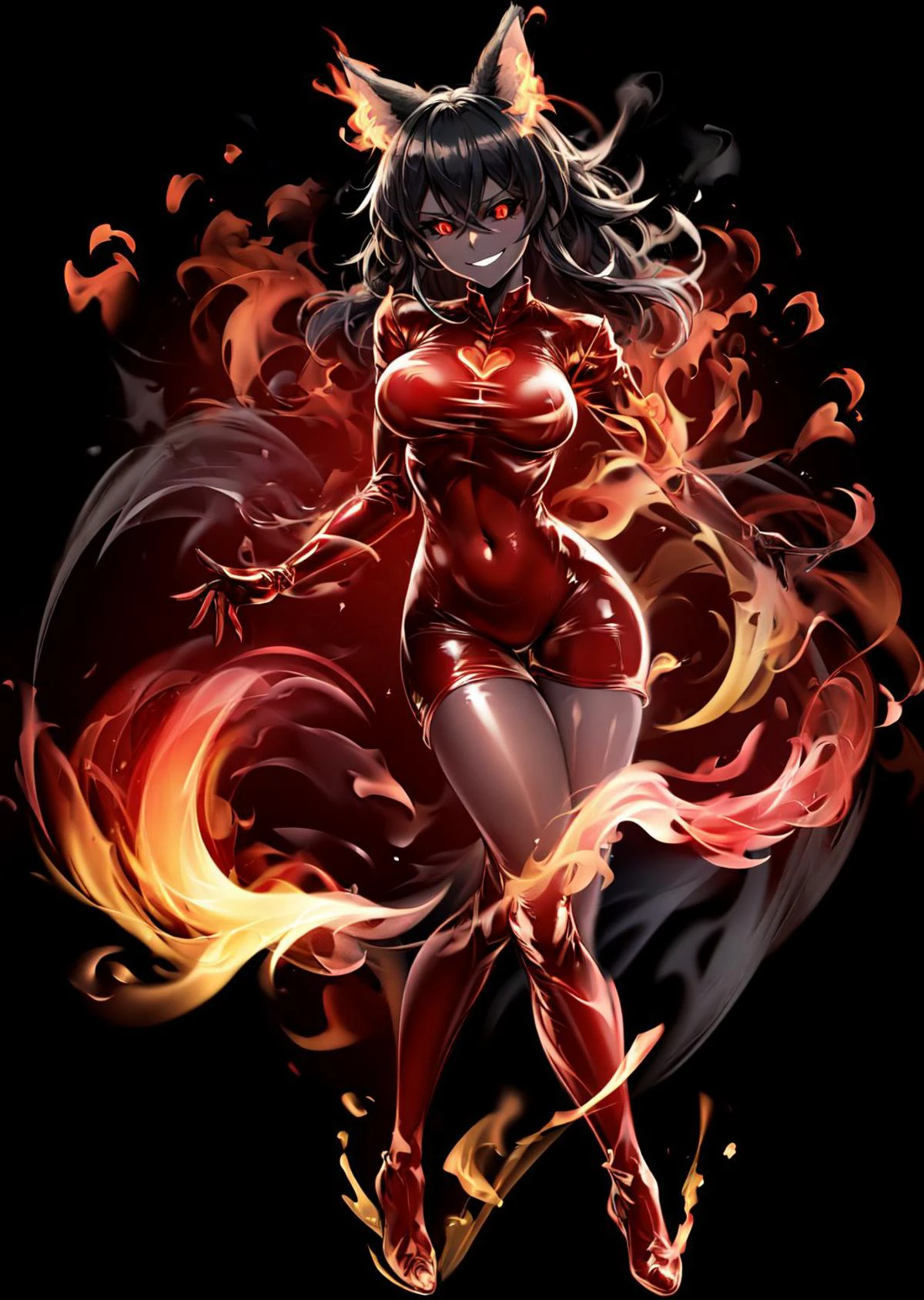 ((black background:1.2)), (masterpiece), (best quality:1.2), (((solo:1))), <lora:hellhound_V1-Manityro:1>, hellhound, 1girl, looking at viewer, (normal breasts), extreme detail, ((extreme detail eyes)), ((focus on face)), (full body:1), (red eyes:1.2), ((standing:1)), (grey skin:1.3), (black skin:1.3), monster girl, hhmge, wolf ears, wolf tail, (black sclera:1), bangs, hair between eyes, long hair, (black hair:1.3), black bodysuit, jacket, open clothes, seductive pose, front of viewer, latex shorts, jacket, navel, fire on full body, ((smirk:1)), tight suit, <lora:helltakerv1 te.2:0.3>, official artstyle, fire aura, <lora:firecd:0.6>,
