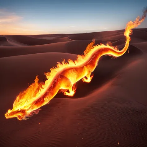 a (firecd, fire, flame, burning) chinese dragon, east dragon, flying on sand, (solo:1.2), <lora:firecd-000029:0.7>, no humans, high quality, masterpiece, realistic, photorealistic, (outdoors, desert)