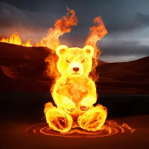 a (firecd, fire, flame, burning) bear, sitting on sand, (solo:1.2), <lora:firecd-000028:0.9>, no humans, high quality, masterpiece, realistic, photorealistic, (outdoors, desert)