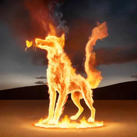 a (firecd, fire, flame, burning) dog, standing on sand, (solo:1.2), <lora:firecd-000028:0.7>, no humans, high quality, masterpiece, realistic, photorealistic, (outdoors, desert)