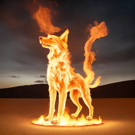 a (firecd, fire, flame, burning) dog, standing on sand, (solo:1.2), <lora:firecd-000029:0.6>, no humans, high quality, masterpiece, realistic, photorealistic, (outdoors, desert)