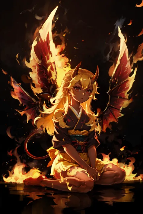 masterpiece, best quality, detailed-background superb multicolored 1girl (oni-horns:1.1) obi fiery-wings (demon-tail:1.1) absurdly-long-hair darkness vibrant-colors dark-background beautiful-8k-wallpaper sitting BREAK firecd fire flame burning  <lora:firecd:0.8>