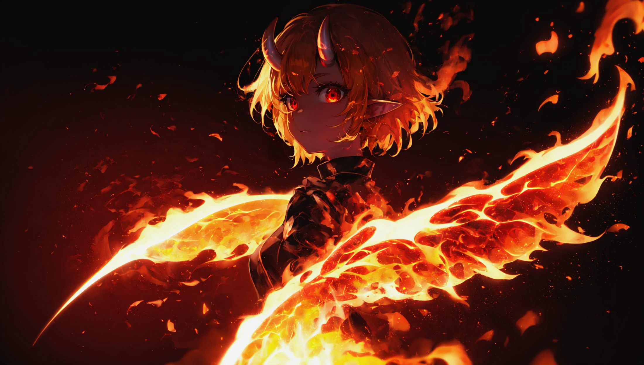 detailed background, superb, multicolored, 1girl, (oni horns:1.1), skirt set, frills, center frills, fiery wings, pointy ears, (demon tail:1.2), short hair with long locks, darkness, vibrant colors, dark background, beautiful 8k wallpaper, facing viewer, BREAK firecd, fire, flame, burning <lora:firecd-000028:0.7>