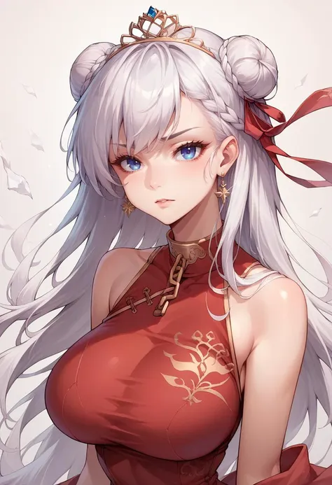 score_9, score_8_up, score_7_up, source_anime, <lora:wrenchbelfastthepledgeofcladdagh:1>, belpoc, white hair, choker, tiara, broken chain, jewelry, earrings, big breasts, chinese clothing, double bun, red clothing, hair ribbon,