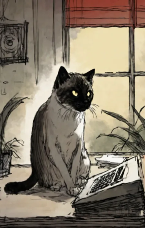 a siamese cat sitting at his desk working hard on his vintage computer to generate more images of anime girls with big boobs, red sky yellow sun, ling1 <lora:ling1:1>, high quality, 4k, 8k, highly detailed, ink wash sketch