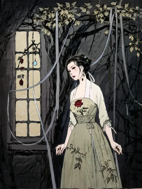 Horror-themed, <lora:ling1:0.8>, <lora:sdxl_George barbier v1.0:0.4>, 1950s style color waterprint drawing, (((masterpiece))), (((best quality))), ((ultra-detailed)), 4k, 8k, (illustration), ((an extremely delicate and beautiful)), full body, (detailed light),(beautiful deatailed shadow), 1girl, (small_breasts), floating_hair, dark hair, (bare shoulders), silk long dress, necklace, earrings, looking away, ((rose)), (vines), (garden, outdoor), ((sketch)), (painting), detailed background, Eerie, unsettling, dark, spooky, suspenseful, grim, highly detailed