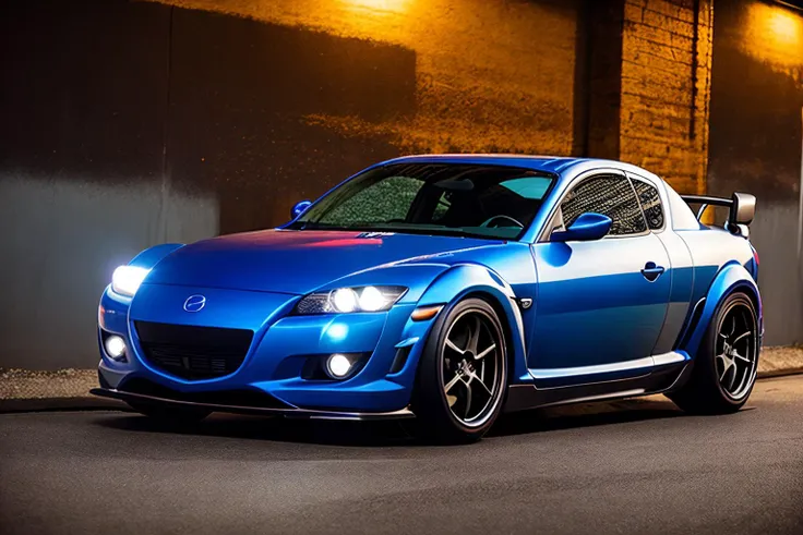 MAZDARX8,night city, custom racing car body modified graffiti, NFS, stance, photorealistic, shot by Sony a7iii, <lora:MAZDARX8_1:1>