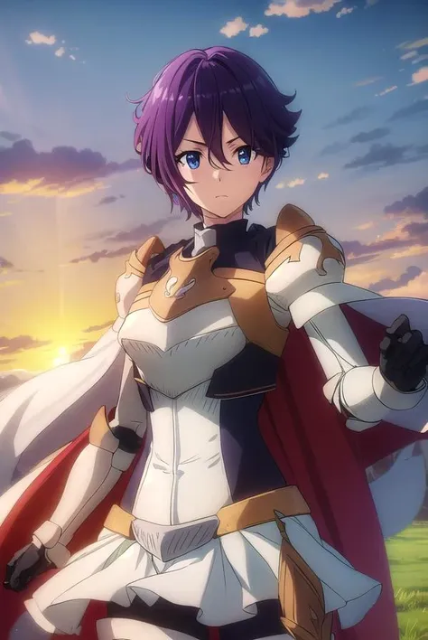 beefeaterecaty, <lora:beefeater e caty s2-lora-nochekaiser:1>,
beefeater e caty, short hair, purple hair, blue eyes, hair between eyes,
BREAK skirt, gloves, cape, armor, shoulder armor, gauntlets,
BREAK outdoors, forest, nature, sun, sky, clouds, trees, grass,
BREAK looking at viewer, (cowboy shot:1.5),
BREAK <lyco:GoodHands-beta2:1>, (masterpiece:1.2), best quality, high resolution, unity 8k wallpaper, (illustration:0.8), (beautiful detailed eyes:1.6), extremely detailed face, perfect lighting, extremely detailed CG, (perfect hands, perfect anatomy),