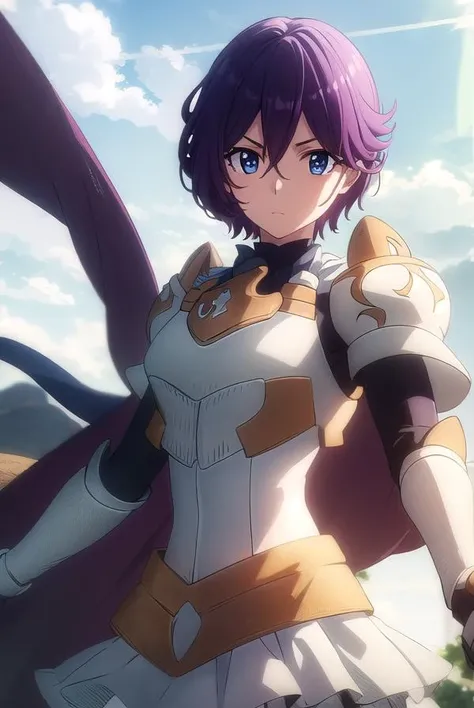 beefeaterecaty, <lora:beefeater e caty s2-lora-nochekaiser:1>,
beefeater e caty, short hair, purple hair, blue eyes, hair between eyes,
BREAK skirt, gloves, cape, armor, shoulder armor, gauntlets,
BREAK outdoors, forest, nature, sun, sky, clouds, trees, grass,
BREAK looking at viewer, (cowboy shot:1.5),
BREAK <lyco:GoodHands-beta2:1>, (masterpiece:1.2), best quality, high resolution, unity 8k wallpaper, (illustration:0.8), (beautiful detailed eyes:1.6), extremely detailed face, perfect lighting, extremely detailed CG, (perfect hands, perfect anatomy),