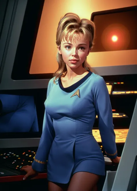 t3stkyli3 in a blue and black tosunfm uniform dress reading a page,(on a spacecraft command room:1.2),RAW Photo, 8k uhd, dslr, soft lighting, high quality, film grain,masterpiece quality,Fujifilm XT3 <lora:TOSUITV11:0.8>