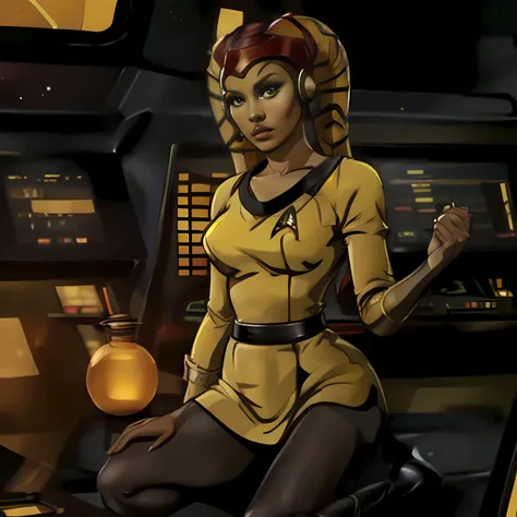 1girl, twilek, orange_skinned, green eyes, petite, (green_tosunfm dress), (black tights), black high heels, star trek badge, laboratory, crouching, holding phaser