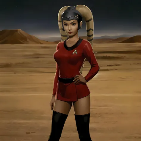 1girl, twilek, colored_skin, petite, red_tosunfm dress, (black tights), black high heels, star trek badge, fullbody, standing, nighttime, desert