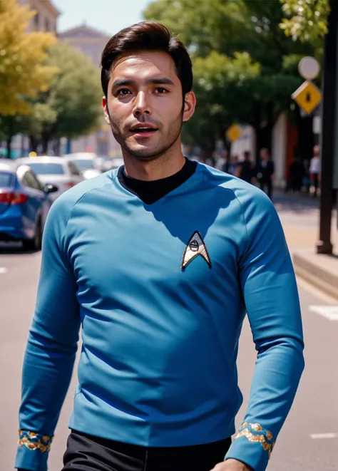a spanish man in a blue startrektos unifrom,on busy street,RAW Photo, 8k uhd, dslr, soft lighting, high quality, film grain, higly detailed face,ultra detailed,masterpiece quality,Fujifilm XT3 <lora:TOSV3:0.8>