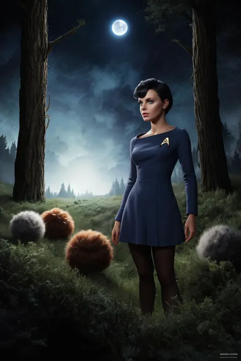 1girl, 18 years old, short messy black hair, blue dress, standing up, looking at viewer, tribbles everywhere, small furry creatures called tribbles with big cute eyes, tribbles in a forest at night, The Trouble with Tribbles, a crowd of tribbles, concept art for a scifi film, by greg rutkowski, jason chan, sharp focus, cinematic atmosphere, detailed and intricate, aska poster, startrektos dress, <lora:TOSV3:0.8>