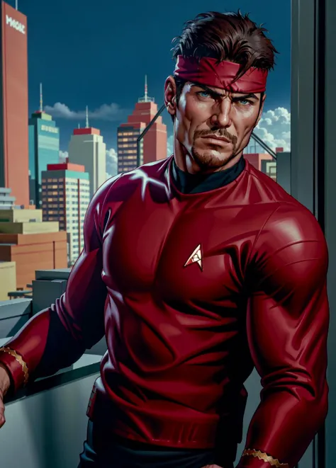 solid snake in red and black tosunfm uniform,headband, facial hair,in a futuristic city,star trek badge,best quality <lora:TOSUITV11:0.8> <lora:solidsnake-nvwls-v1-final:0.8>