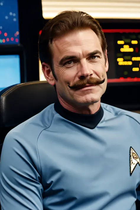 Ultra-realistic 8k CG, masterpiece, best quality, (photorealistic:1.4), absurdres, extremely detailed, real hair, life-like,
((scifi setting)), ((enterprise bridge)), ((detailed face, mustache)), ((detailed eyes)),
young man with ginger mustache wearing a ( blue startrektos uniform:1.2) on enterprise bridge,sitting in a chiar<lora:TOSV3:0.8>