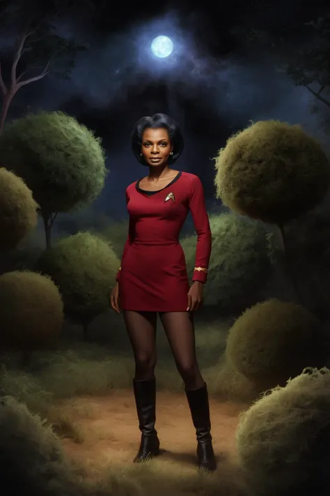 1girl, 18 years old, Nichelle Nichols as lieutenant Uhura, Star Trek The Original Series, short messy hair, black hair, red dress, standing up, looking at viewer, small round furry creatures called tribbles, tribbles everywhere, tribbles in a forest at night, The Trouble with Tribbles, a crowd of tribbles, a big pile of tribbles, concept art for a scifi film, by greg rutkowski, jason chan, sharp focus, cinematic atmosphere, detailed and intricate, aska poster, startrektos dress, <lora:TOSV3:0.8>