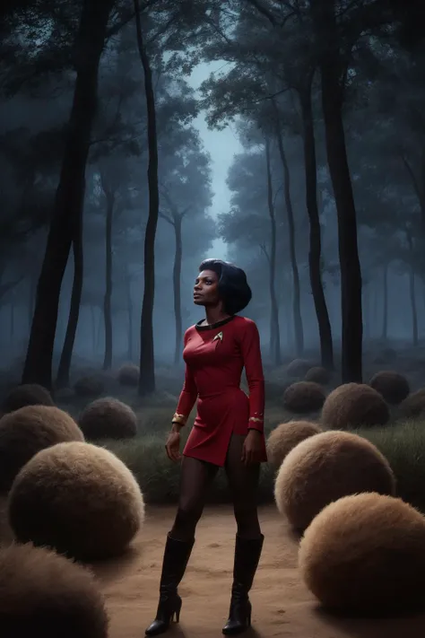 1girl, 18 years old, Nichelle Nichols as lieutenant Uhura, Star Trek The Original Series, short messy hair, black hair, red dress, standing up, looking at viewer, small round furry creatures called tribbles, tribbles everywhere, tribbles in a forest at night, The Trouble with Tribbles, a crowd of tribbles, a big pile of tribbles, concept art for a scifi film, by greg rutkowski, jason chan, sharp focus, cinematic atmosphere, detailed and intricate, aska poster, startrektos dress, <lora:TOSV3:0.8>