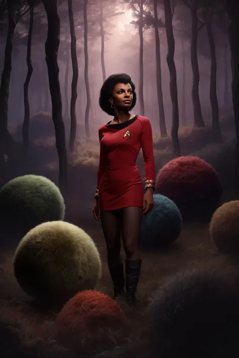 1girl, 18 years old, Nichelle Nichols as lieutenant Uhura, Star Trek The Original Series, short messy hair, black hair, red dress, standing up, looking at viewer, small round furry creatures called tribbles, tribbles everywhere, tribbles in a forest at night, The Trouble with Tribbles, a crowd of tribbles, a big pile of tribbles, concept art for a scifi film, by greg rutkowski, jason chan, sharp focus, cinematic atmosphere, detailed and intricate, aska poster, startrektos dress, <lora:TOSV3:0.8>
