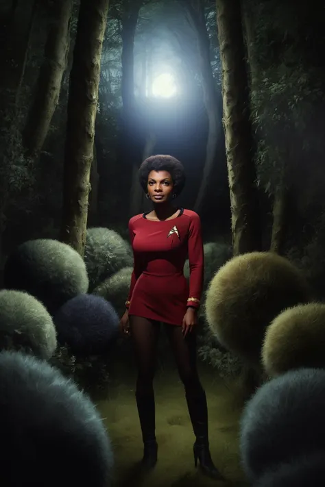 1girl, 18 years old, Nichelle Nichols as lieutenant Uhura, Star Trek The Original Series, short messy hair, black hair, red dress, standing up, looking at viewer, small round furry creatures called tribbles, tribbles everywhere, tribbles in a forest at night, The Trouble with Tribbles, a crowd of tribbles, a big pile of tribbles, concept art for a scifi film, by greg rutkowski, jason chan, sharp focus, cinematic atmosphere, detailed and intricate, aska poster, startrektos dress, <lora:TOSV3:0.8>