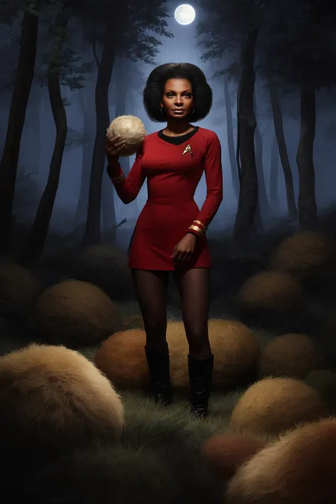 1girl, 18 years old, Nichelle Nichols as lieutenant Uhura, Star Trek The Original Series, short messy hair, black hair, red dress, standing up, looking at viewer, small round furry creatures called tribbles, tribbles everywhere, tribbles in a forest at night, The Trouble with Tribbles, a crowd of tribbles, a big pile of tribbles, concept art for a scifi film, by greg rutkowski, jason chan, sharp focus, cinematic atmosphere, detailed and intricate, aska poster, startrektos dress, <lora:TOSV3:0.8>