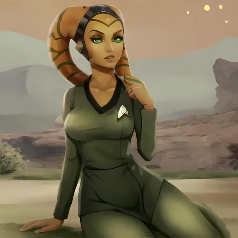 1girl, twilek, (orange_skinned), (green_eyes), petite, green tosunfm dress, star trek badge, fullbody
