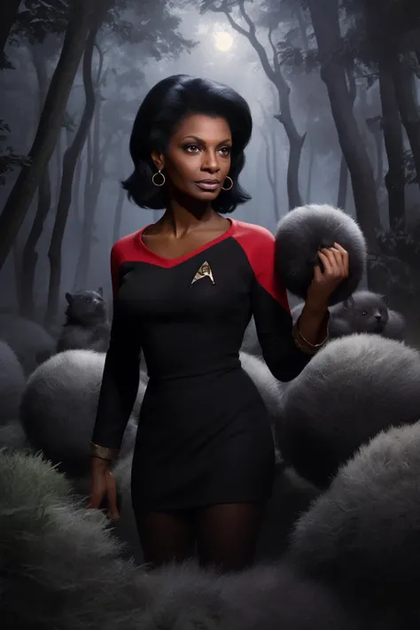 1girl, 18 years old, Nichelle Nichols as lieutenant Uhura, Star Trek The Original Series, short messy hair, black hair, red dress, standing up, looking at viewer, small round furry creatures called tribbles, tribbles everywhere, tribbles in a forest at night, The Trouble with Tribbles, a crowd of tribbles, a big pile of tribbles, concept art for a scifi film, by greg rutkowski, jason chan, sharp focus, cinematic atmosphere, detailed and intricate, aska poster, startrektos dress, <lora:TOSV3:0.8>