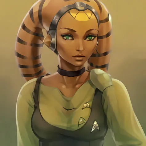 (1girl, twilek, ((orange_skinned)), ((green_eyes)), petite,) laboratory, green tosunfm dress, star trek badge