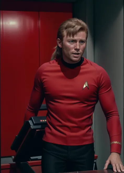 ginger man with a (mullet:1.2) in a red and black tosunfm uniform looking around,in sewers,star trek badge,RAW Photo, 8k uhd, dslr, soft lighting, high quality, film grain,masterpiece quality,Fujifilm XT3 <lora:TOSUITV11:0.8>