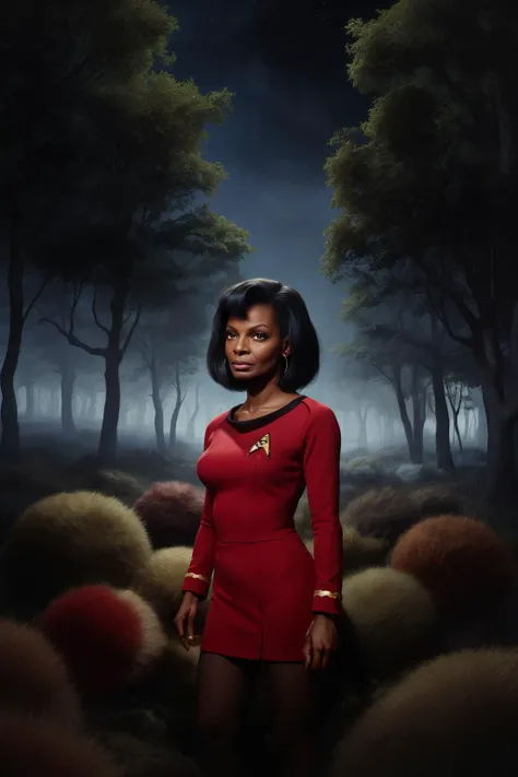 1girl, 18 years old, Nichelle Nichols as lieutenant Uhura, Star Trek The Original Series, short messy hair, black hair, red dress, standing up, looking at viewer, small round furry creatures called tribbles, tribbles everywhere, tribbles in a forest at night, The Trouble with Tribbles, a crowd of tribbles, a big pile of tribbles, concept art for a scifi film, by greg rutkowski, jason chan, sharp focus, cinematic atmosphere, detailed and intricate, aska poster, startrektos dress, <lora:TOSV3:0.8>