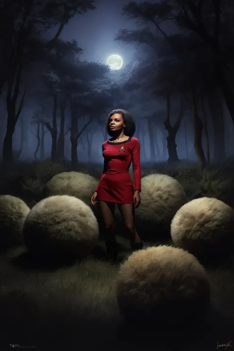 1girl, 18 years old, Nichelle Nichols as lieutenant Uhura, Star Trek The Original Series, short messy hair, black hair, red dress, standing up, looking at viewer, small round furry creatures called tribbles, tribbles everywhere, tribbles in a forest at night, The Trouble with Tribbles, a crowd of tribbles, a big pile of tribbles, concept art for a scifi film, by greg rutkowski, jason chan, sharp focus, cinematic atmosphere, detailed and intricate, aska poster, startrektos dress, <lora:TOSV3:0.8>