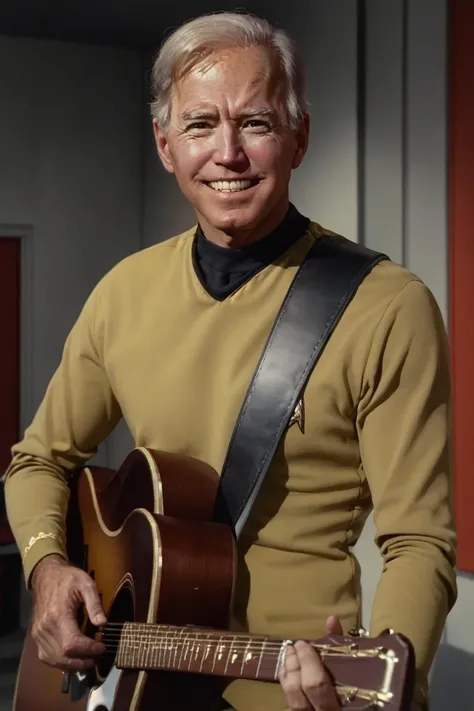 (masterpiece:1.2, best quality:1.1), ultra-detailed, (realistic:1), 1boy, solo, <lora:TOSV2:0.7> tosunfm, yellow uniform, indoor, 1960s, 1960 photos, <lora:Joe Biden:0.55> joe biden, joe, smile, teeth, play guitar