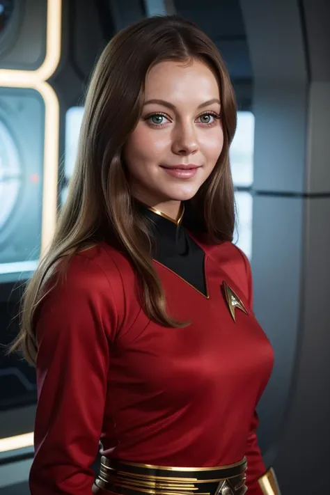 1970Retrofuturism, 1970s, star trek tos, highres cinematic photograph of (jenny-agutt3r-t2), 4k, best quality, masterpiece, natural lighting, (evil smile),  wearing a (red startrektos uniform), (closeup), <lora:TOSV3:0.8> , <lora:1970RetroFuturism:0.2>