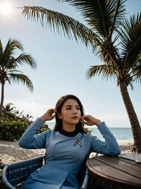 hdr, woman in a blue startrektos dress,on a beach,on a foldchair,drink on ther table,sun umbrella,palm, tree,<lora:StartrekTosV3-000028:0.8>, closeup, intricate details, hyperdetailed, cinematic, dark shot, muted colors, soothing tones, muted colors, technicolor