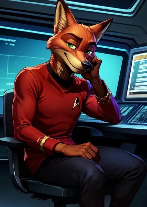 by Oaks16, by Wildering, by Albrecht Anker, solo (nick wilde), (startrektos red uniform with black pants:1.3), sitting, three-quarter view, looking at viewer, hand on cheek, BREAK, (starship command center, command chair, computers, screens, detailed background), masterpiece, best quality, 4k, 2k, high detail, absurd res
<lora:StartrekTosV3-000028:0.8>