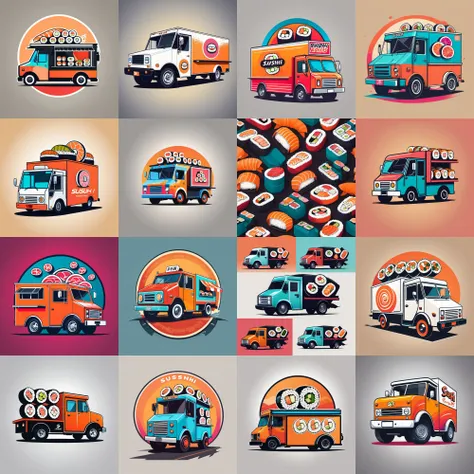 A logo for a sushi food truck, sushi rolls as wheels on a truck, vibrant and fun colors., LogoRedAF, <lora:LogoRedmond_LogoRedAF:1>