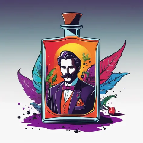 concept art (((sfw))), A colorful logo, of a masculine man with a bottle of spicy perfume, (arounded by Pepper, Tonka beans, Patchouli and Oakmoss), vivid colors, digital art, vector graph, LogoRedAF <lora:LogoRedmond_LogoRedAF:1> . digital artwork, illustrative, painterly, matte painting, highly detailed