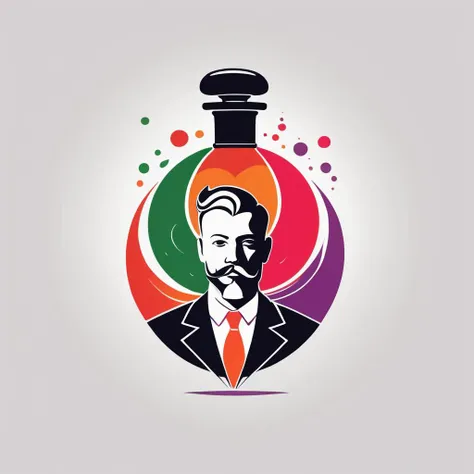 (((sfw))), A colorful logo, of a masculine man with a bottle of spicy perfume, (arounded by Pepper, Tonka beans, Patchouli and Oakmoss), minimalist, vivid colors, LogoRedAF <lora:LogoRedmond_LogoRedAF:1>