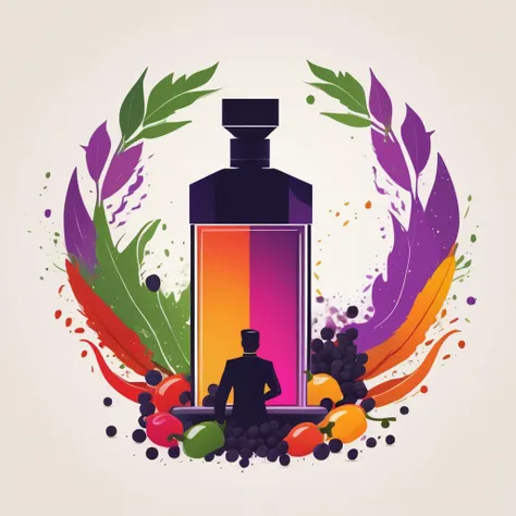 concept art (((sfw))), A colorful logo, of a masculine man with a bottle of spicy perfume, (arounded by Pepper, Tonka beans, Patchouli and Oakmoss), vivid colors, minimalist, digital art, vector graph, LogoRedAF <lora:LogoRedmond_LogoRedAF:1> . digital artwork, illustrative, painterly, matte painting, highly detailed