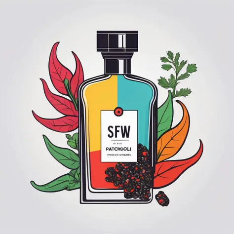(((sfw))), A colorful logo, of a masculine man with a bottle of spicy perfume, (arounded by Pepper, Tonka beans, Patchouli and Oakmoss), minimalist, vivid colors, LogoRedAF <lora:LogoRedmond_LogoRedAF:1>