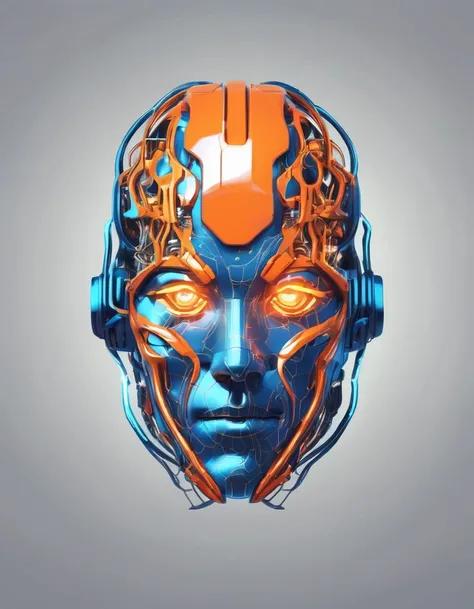 A logo for a cybernetic god, translucent head, silicon neurons, mechanic brain, cyberpunk orange and neon blue colors, modern, colorful <lora:LogoRedmond_LogoRedAF:1>