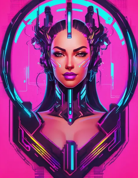 A logo for a  cybernetic goddess, supermodel build, enhancements in a cyberpunk kingdom, neon colors, modern, colorful  <lora:LogoRedmond_LogoRedAF:1>